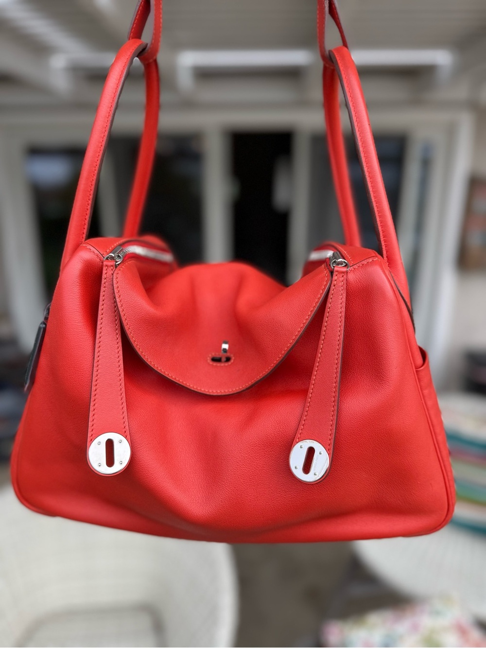 HERMÈS Lindy 34 Vermillon Clemence Leather PHW 2014 Square R-LegitApp Certified